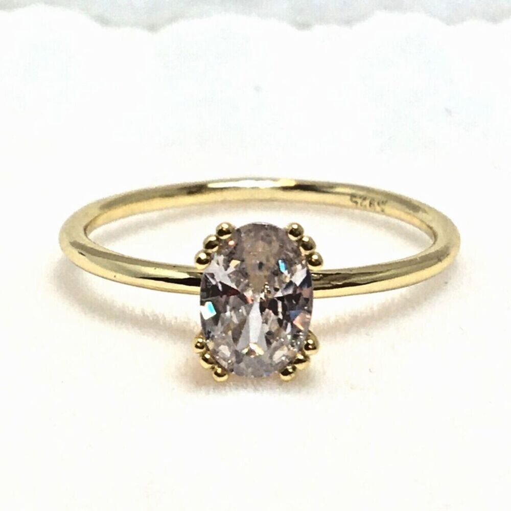Sterling Silver Ring Yellow Gold Plated Size 6.75 Claw Prong Cubic Zirconia